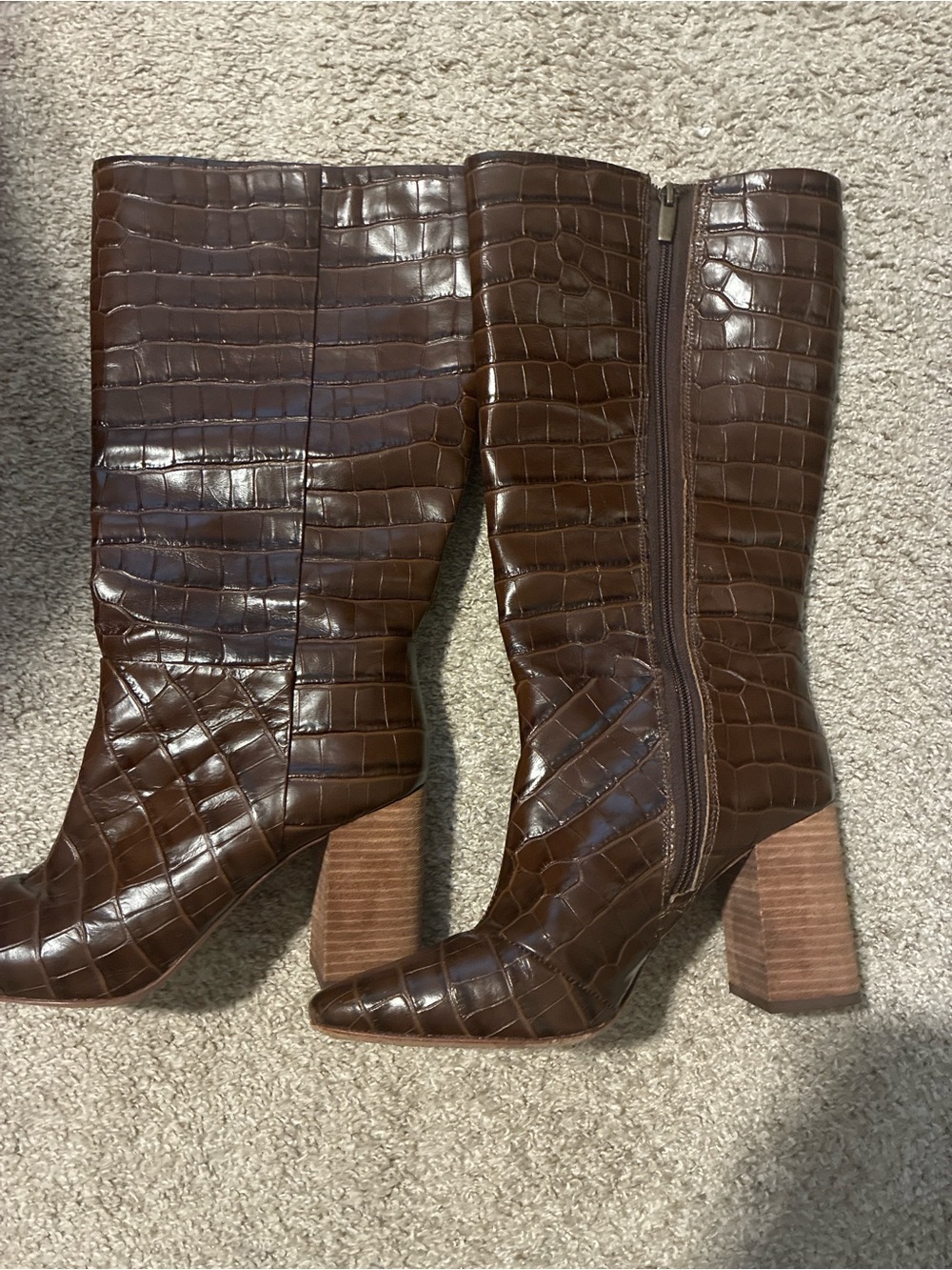 Vince Camuto Brown Croc-Embossed Mid-Calf Block Heel Boots - Picture 2 of 5